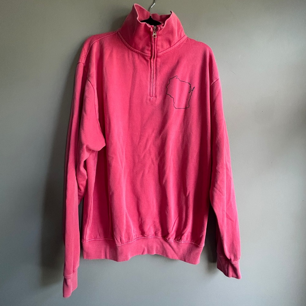 Vintage Collection Wisconsin Outline Poppy Red/Pink Quarter Zip Sweatshirt L